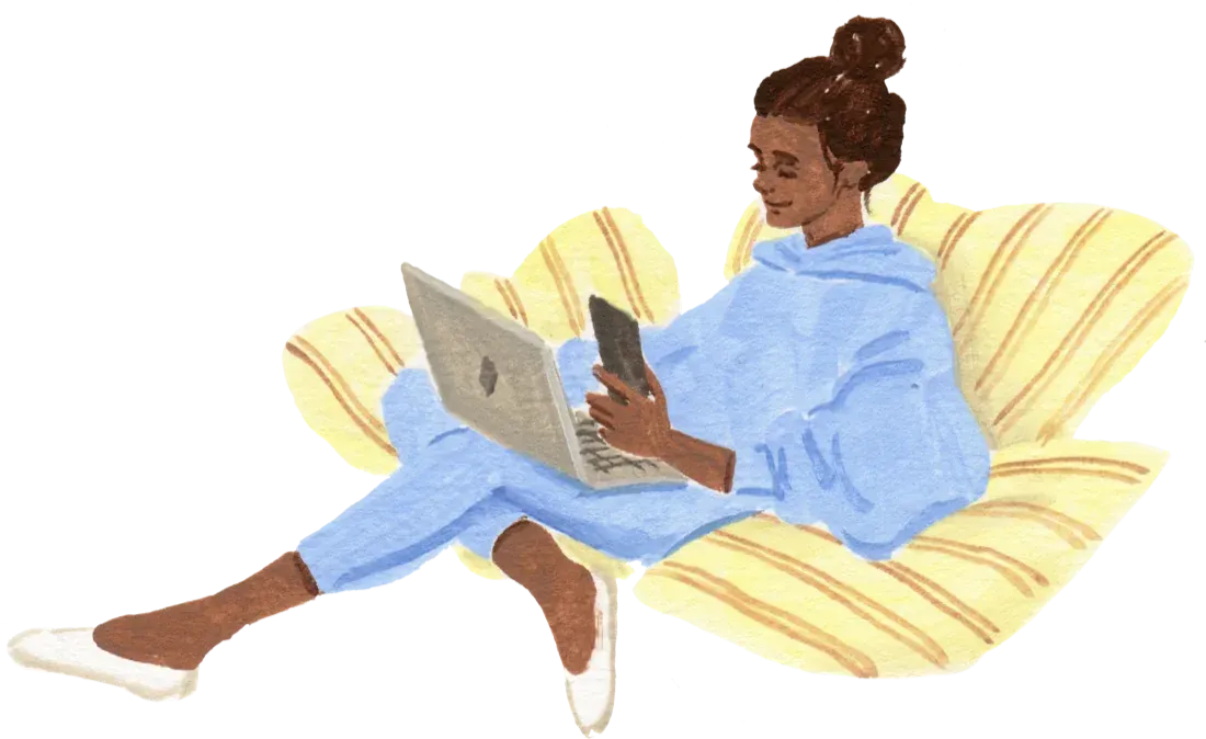 Illustration of a person using a laptop while sitting in a striped chair